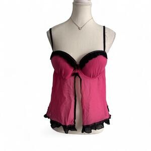 Linea Donatella Y2K Vintage Fairy Core Pink & Black Polka Dot +Lace Trim Size L